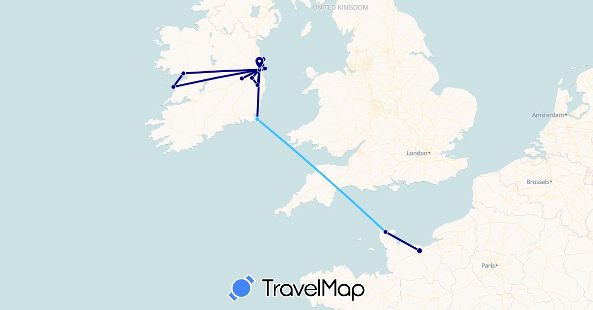 TravelMap itinerary: driving, boat in France, Ireland (Europe)